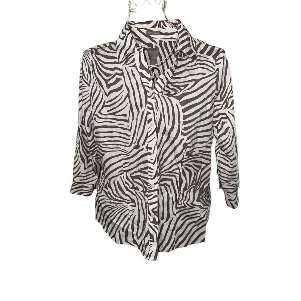 Beautiful Chicos Chico’s Lorena Button Top Contemporary Zebra 3/4 Sleeve size  1